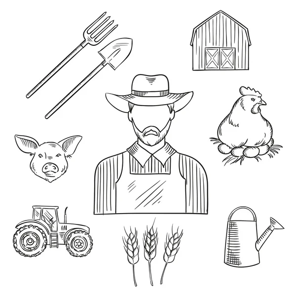 Sketsa profesi petani untuk desain pertanian - Stok Vektor