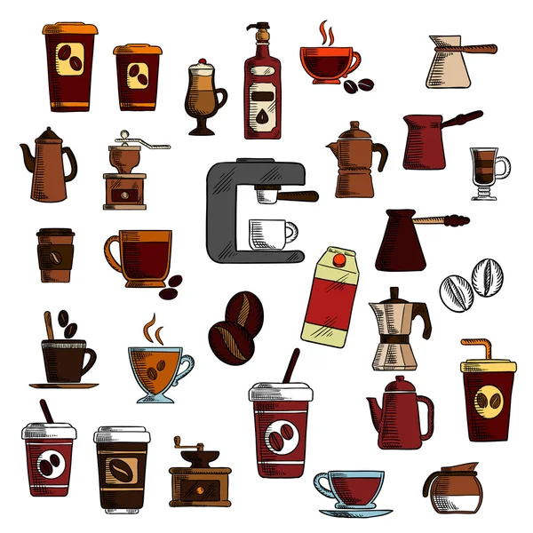 复古草绘的咖啡杯子和壶符号 — 图库矢量图片