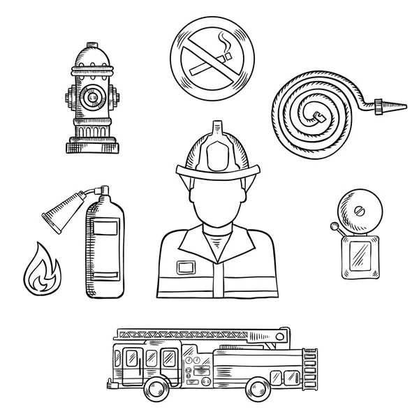 Firefighter with fire protection sketch symbols