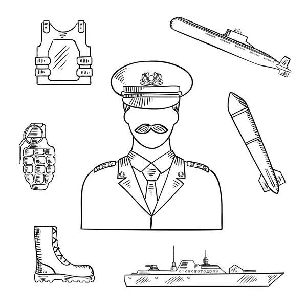 Homem militar com símbolos do exército ícone esboço — Vetor de Stock
