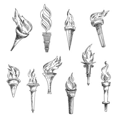 Ancient wooden flaming torches sketches clipart