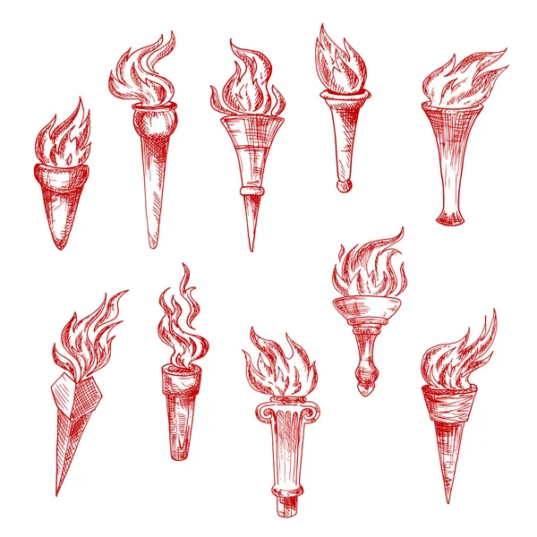 Handheld and wall red flaming torches sketch icons — Stock Vector