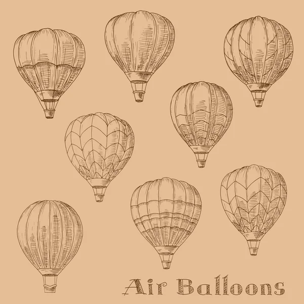 Volar globos de aire caliente bocetos de grabado retro — Vector de stock