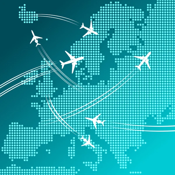 Αεροπλάνα που πετάνε πάνω από το χάρτη της Ευρώπης, ταξιδιωτικά σχέδια — Διανυσματικό Αρχείο