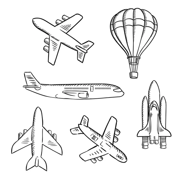 Aviones, lanzadera espacial, bocetos de globos aerostáticos — Vector de stock