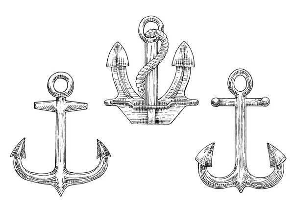 Ancrages de navire de marine avec des icônes de croquis de corde — Image vectorielle