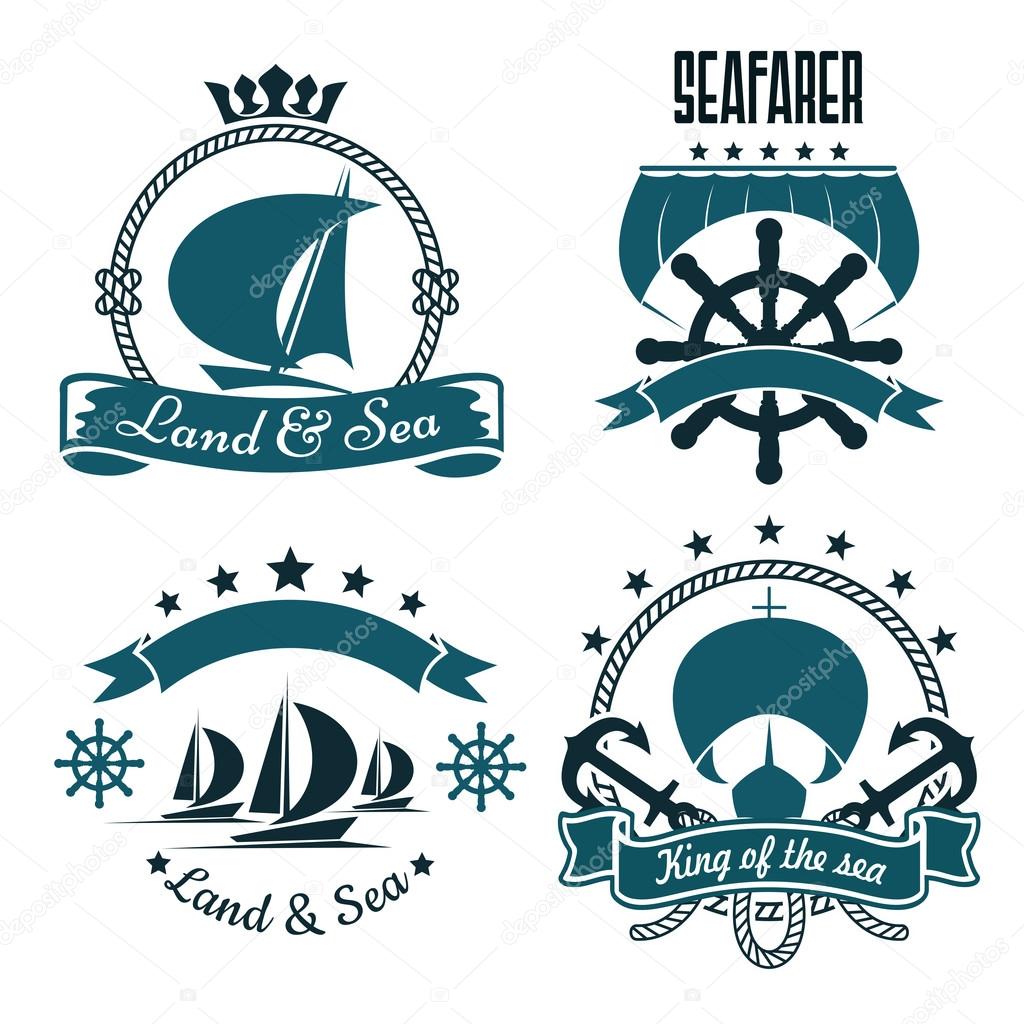 Romantic sailing ships blue symbols for marine sport or yacht club design, supplemented by helms, anchors, sails, ropes and ribbon banners with stars and crown