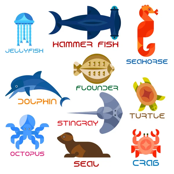 Marine animals colorful icons in flat style — Stock Vector