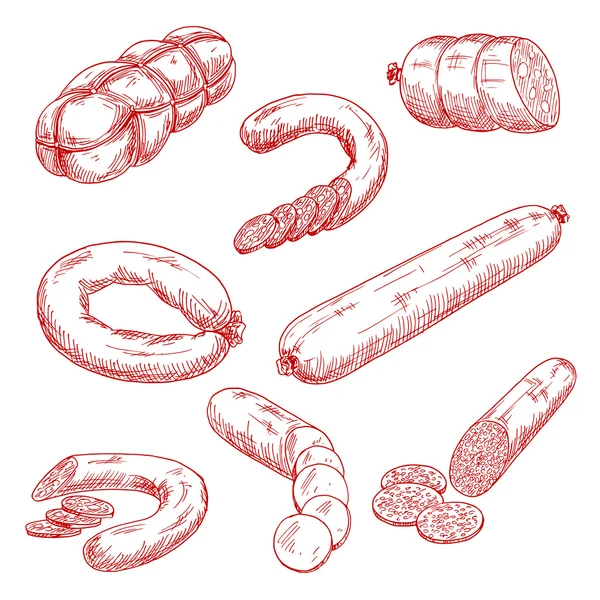 Sortimento de salsichas de carne fresca ícones esboço vermelho — Vetor de Stock