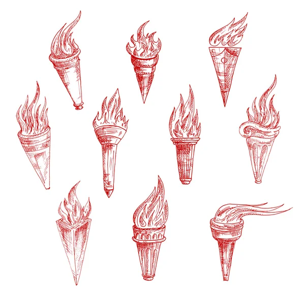 红色燃烧的火把的复古素描 — 图库矢量图片