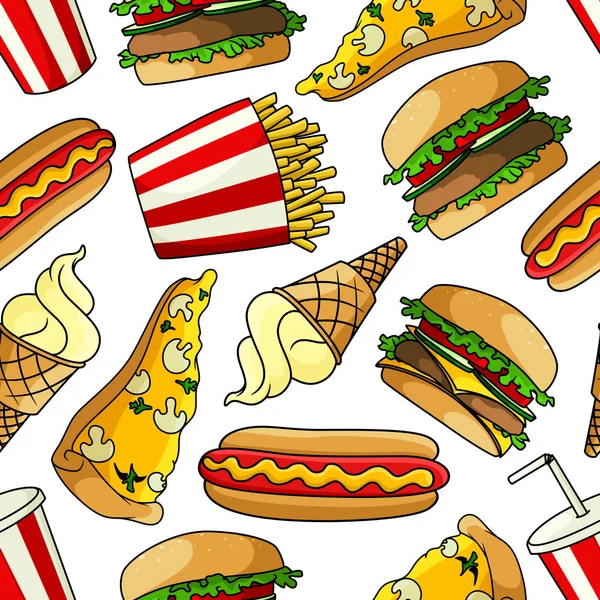 Pizzas, hamburguesas, perritos calientes, bebidas patrón sin costuras — Vector de stock