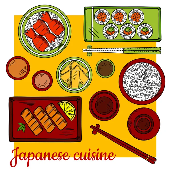 Cocina japonesa cena colorido boceto icono — Vector de stock