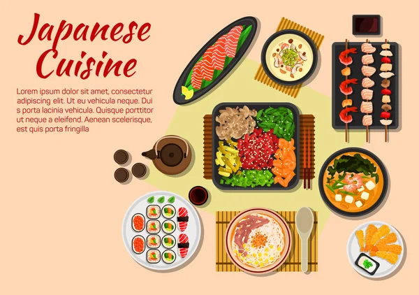 Marisco e pratos de carne de ícone de cozinha japonesa — Vetor de Stock