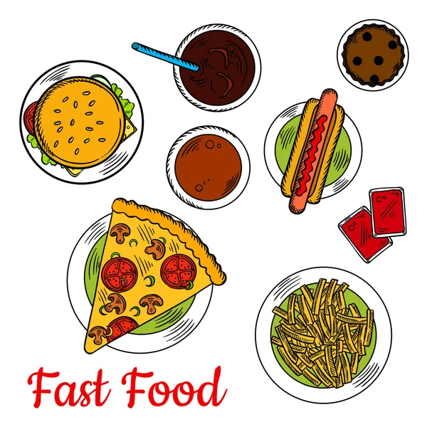 Fast food pizza with sandwiches and desserts icon — Stock Vector