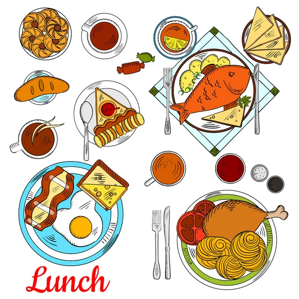 Healthy lunch icon with main dishes and desserts — Stock Vector