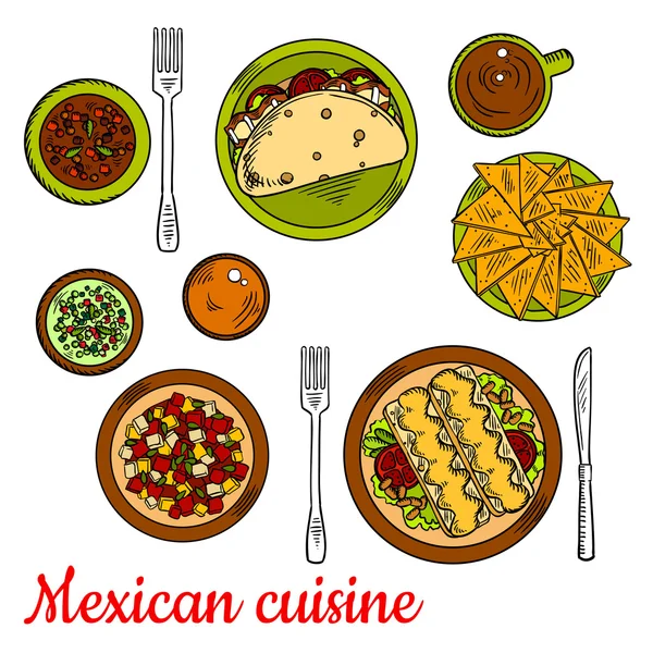 Icono de la cocina mexicana con taco, nachos, enchiladas — Vector de stock