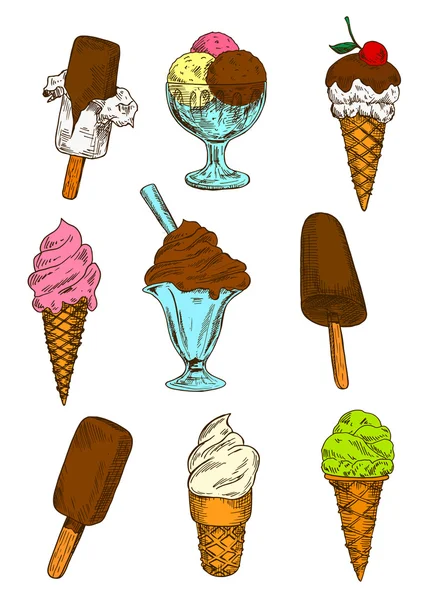 Iconos de helado de chocolate, fresa y vainilla — Vector de stock