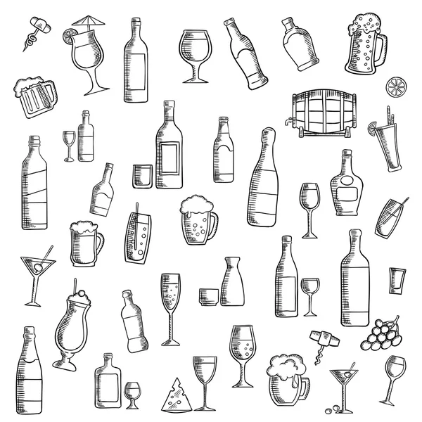 鸡尾酒和酒精饮料与小吃图标 — 图库矢量图片