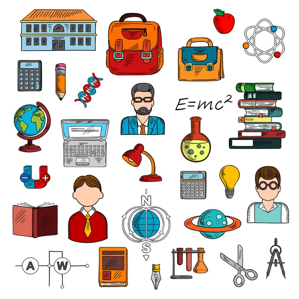 Profesor con alumnos y bosquejo de material escolar — Vector de stock