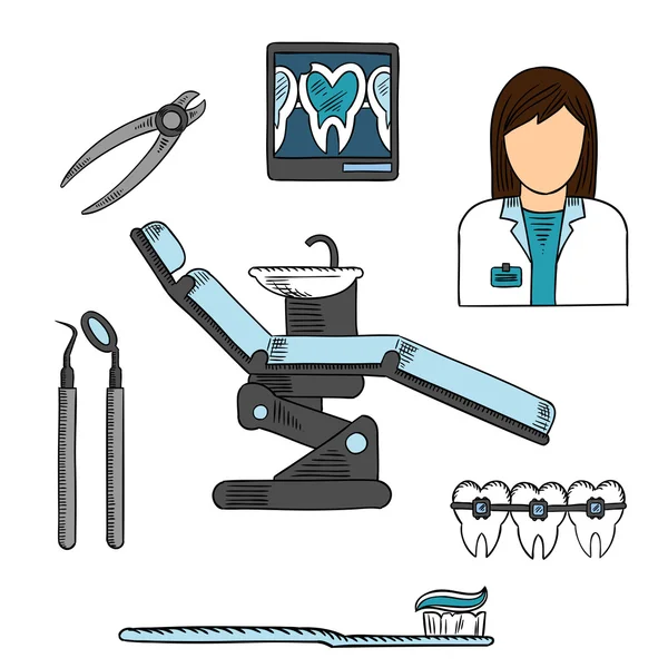 Dentist with tools and equipments colored sketch — Stockvector