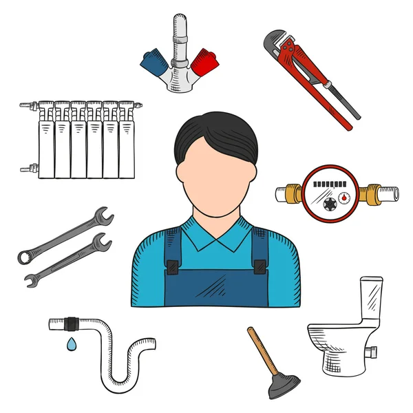 Icono de boceto de fontanero con herramientas y equipos de mano — Vector de stock