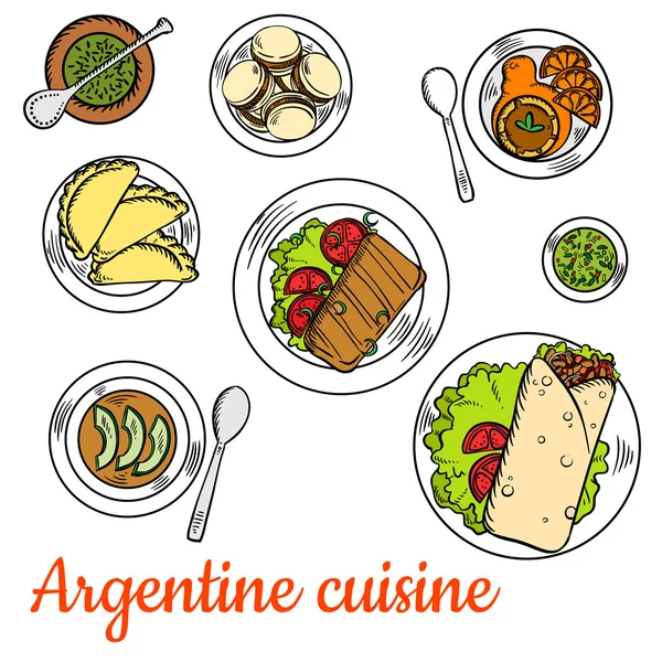 Bright national dishes of argentine cuisine sketch — Stockový vektor