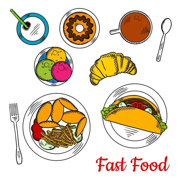 Populaire vaag gerechten van Fast Food menu voor lunch — Stockvector