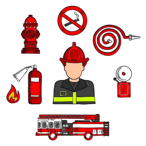 Bombero en uniforme con equipos contra incendios — Vector de stock