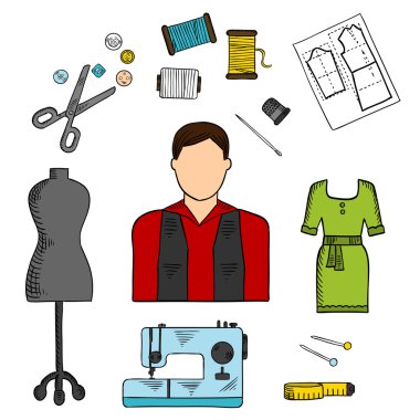 Dikiş araçları renkli kroki ile moda tasarımcısı