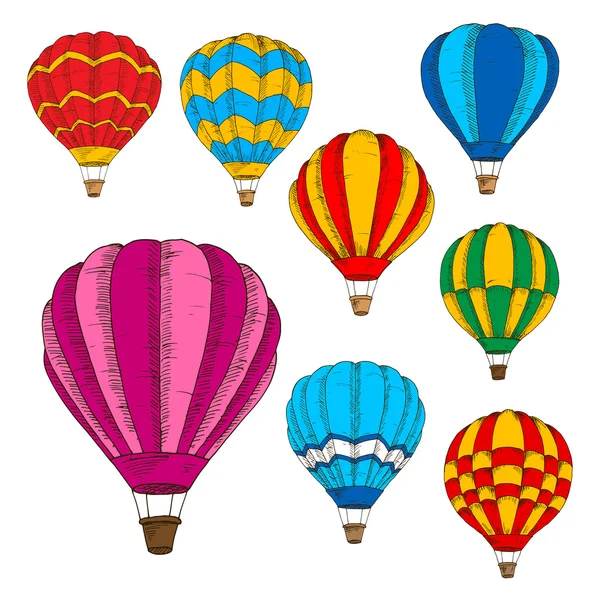 Hete lucht ballonnen kleurrijke schetsen in retro stijl — Stockvector