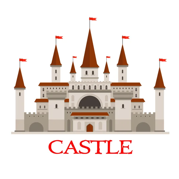 Castillo medieval o fortaleza con icono de banderas rojas — Vector de stock