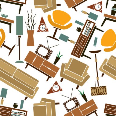 Retro home furnitures seamless pattern background clipart