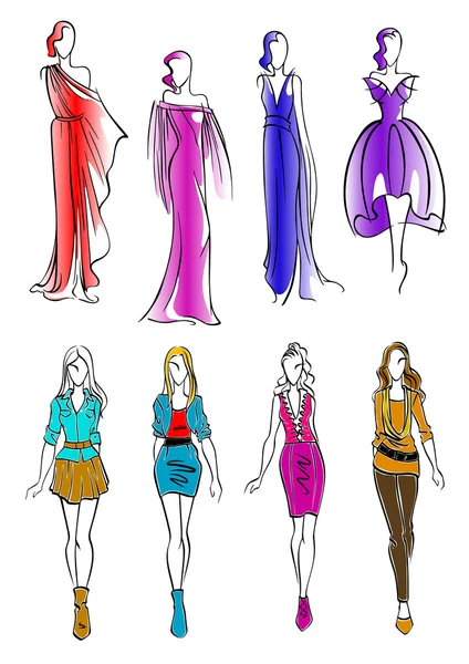 Kleurrijke silhouetten van vrouwen in casual outfits — Stockvector