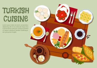 Turkish kebab, coffee and pastries flat icon