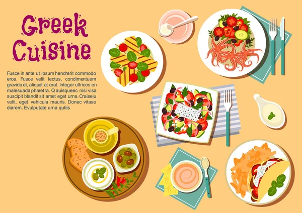 Ícone de cozinha grega plana com pratos aperitivos —  Vetores de Stock