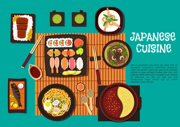 Japanese cuisine seafood dishes with hot pot icon — Stockvector