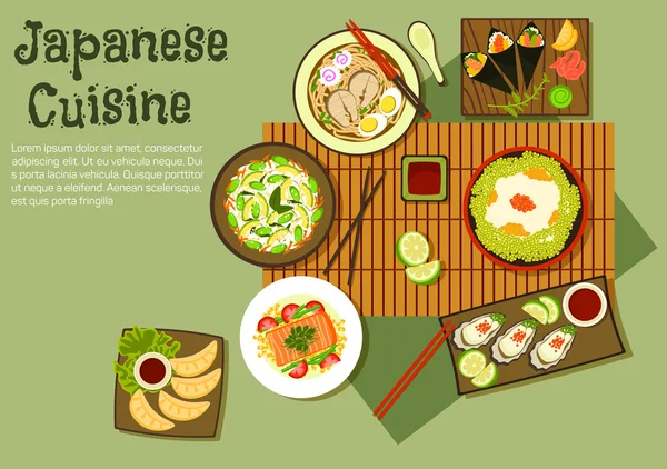 Pratos de frutos do mar orientais de ícone de cozinha japonesa —  Vetores de Stock