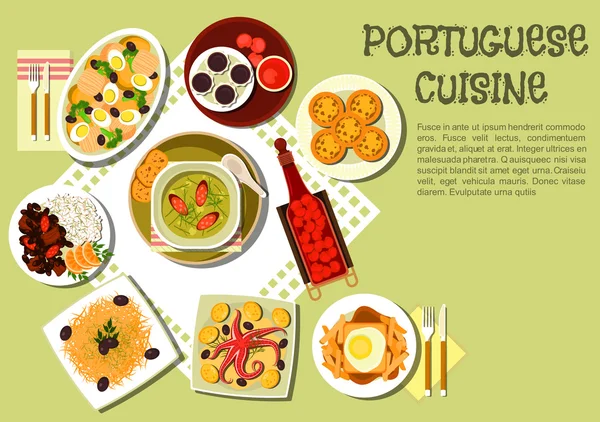 Pratos nacionais brilhantes de ícone da cozinha portuguesa —  Vetores de Stock