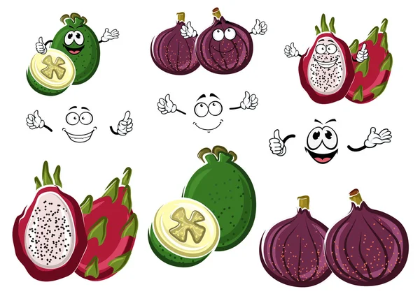 Cartoon sweet exotic fig, feijoa and pitaya fruits — Stockvector