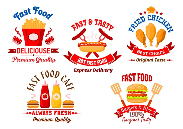 Café de comida rápida y parrilla restaurante retro insignias — Vector de stock