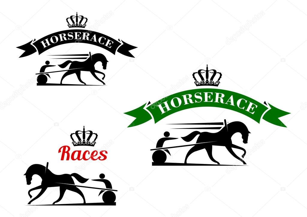 Equestrian sport competition icons for harness racing design template with running horses in horse harness with lightweight two wheeled carts, supplemented crowned ribbon banners above