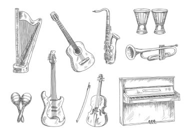 Müzik aletleri sanat tasarımı için simgeler çizim