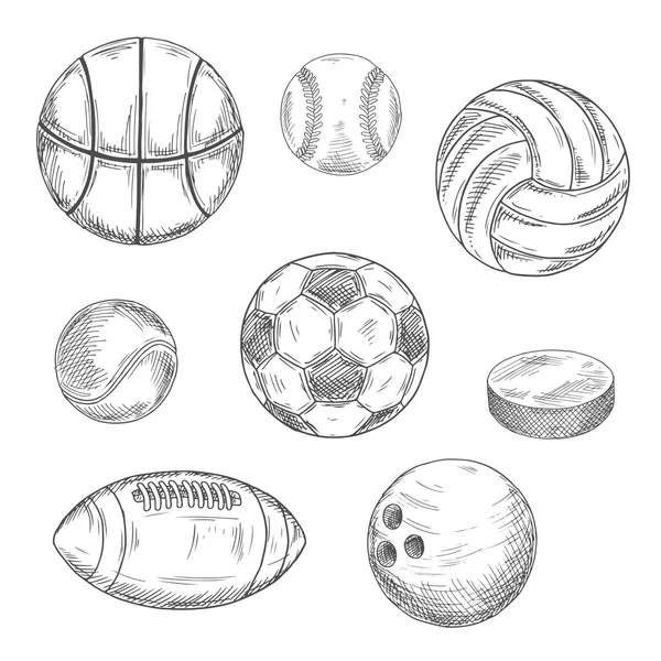 Sporting balls and hockey puck sketch icons — Stock Vector