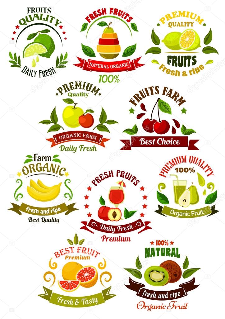 Organically grown farm fruits retro icons for agriculture, eco farming, organic shop or local market design template with fresh apples, lemons, kiwi, pears, bananas, peach, cherries, oranges and limes