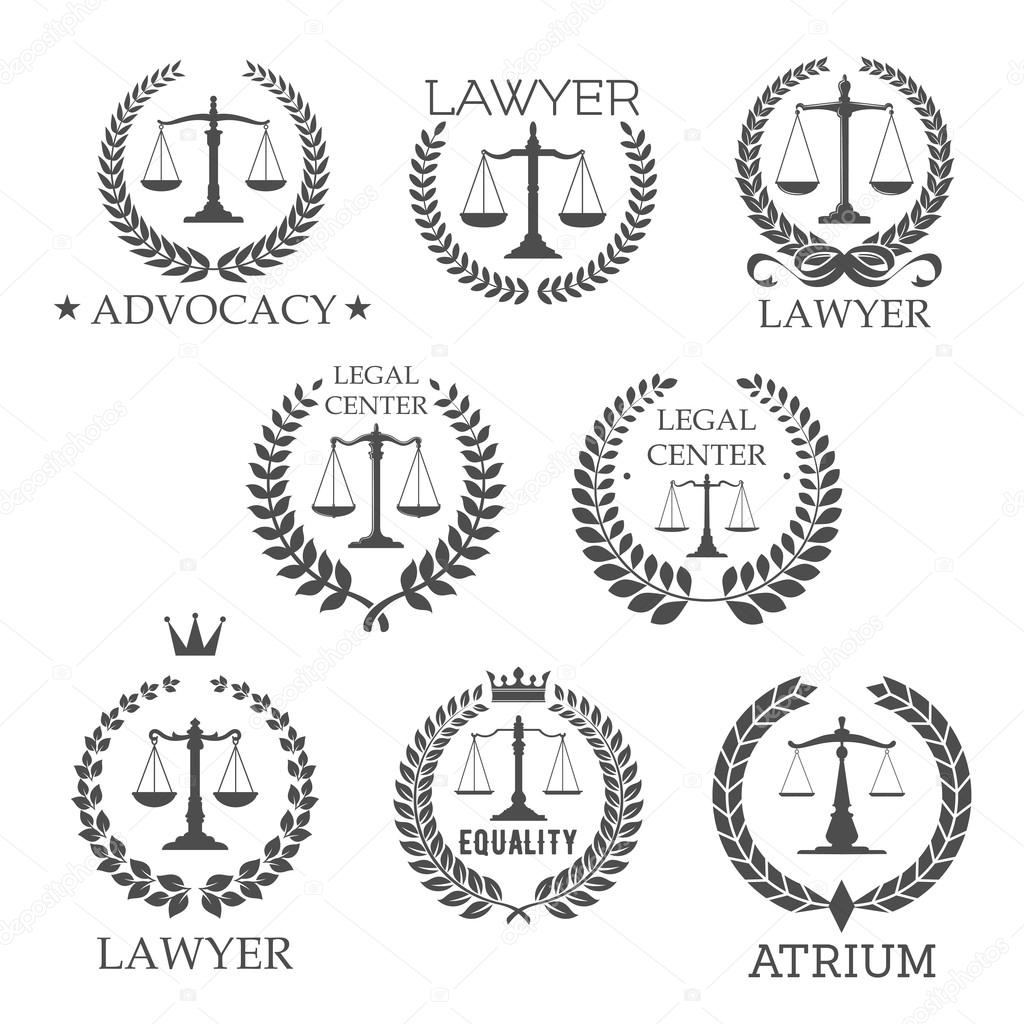 Scales of justice in laurel wreath frames retro symbols for lawyer service, law office, legal center, advocacy design templates, adorned by stars, crowns and ribbon bow design elements