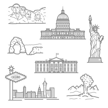 National landmarks of USA icons in thin line style