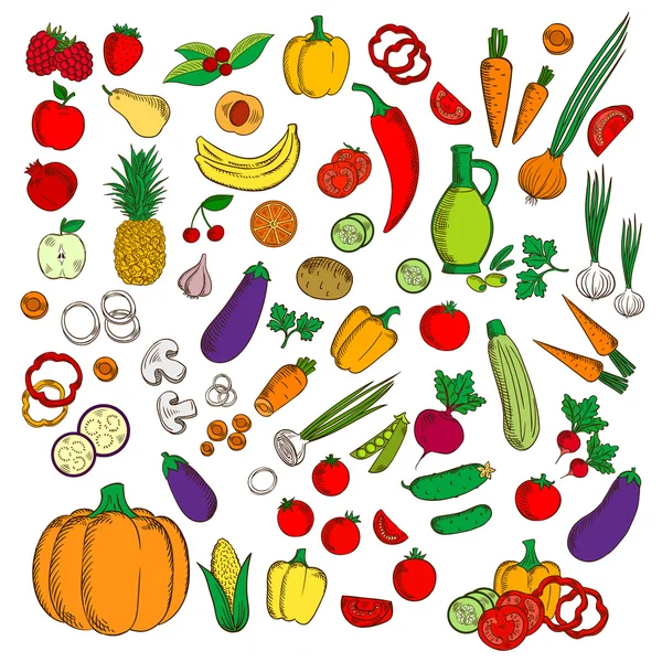 Frutas frescas y saludables de la granja, verduras iconos planos — Vector de stock