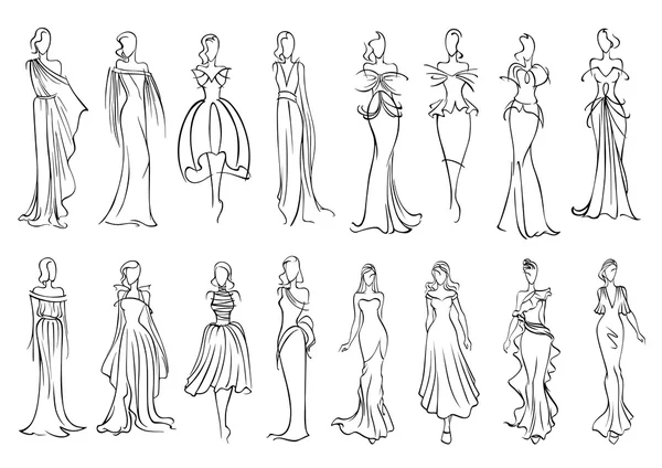 Girl in elegant evening and cocktail dresses icon — Stockvector