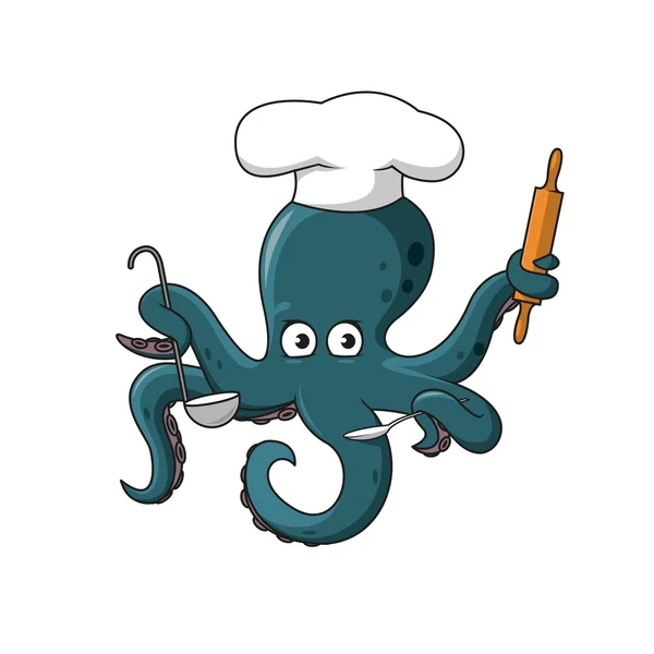 Octopus chef in white cook hat cartoon character — Stock Vector