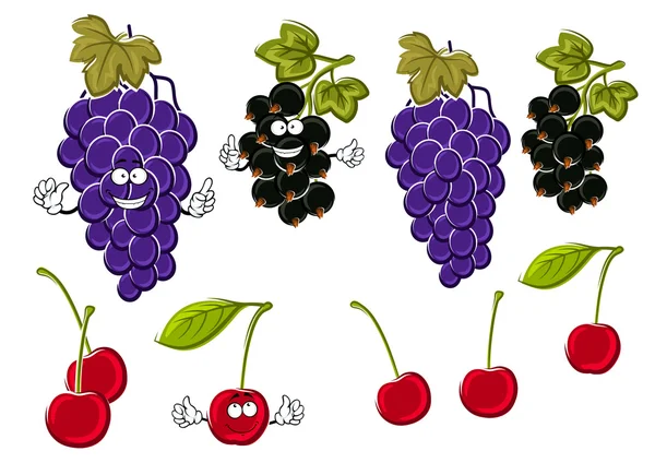 Uvas de dibujos animados, cerezas, grosellas negras frutas — Vector de stock